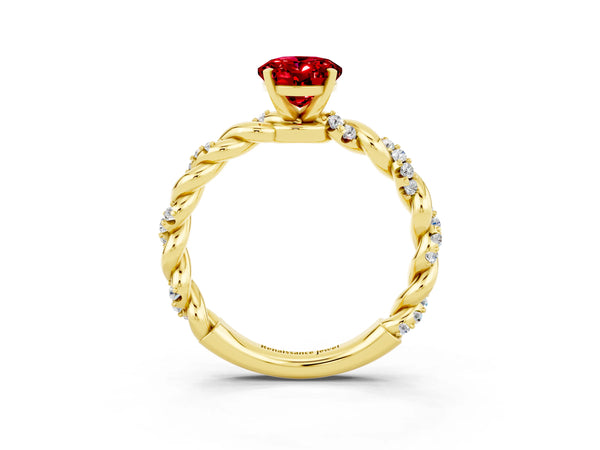 Yellow gold Oval Cut Ruby Solitaire Ring with Twisted Band and Pavé Accents