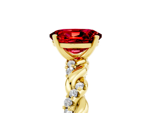 Yellow gold Oval Cut Ruby Solitaire Ring with Twisted Band and Pavé Accents_5