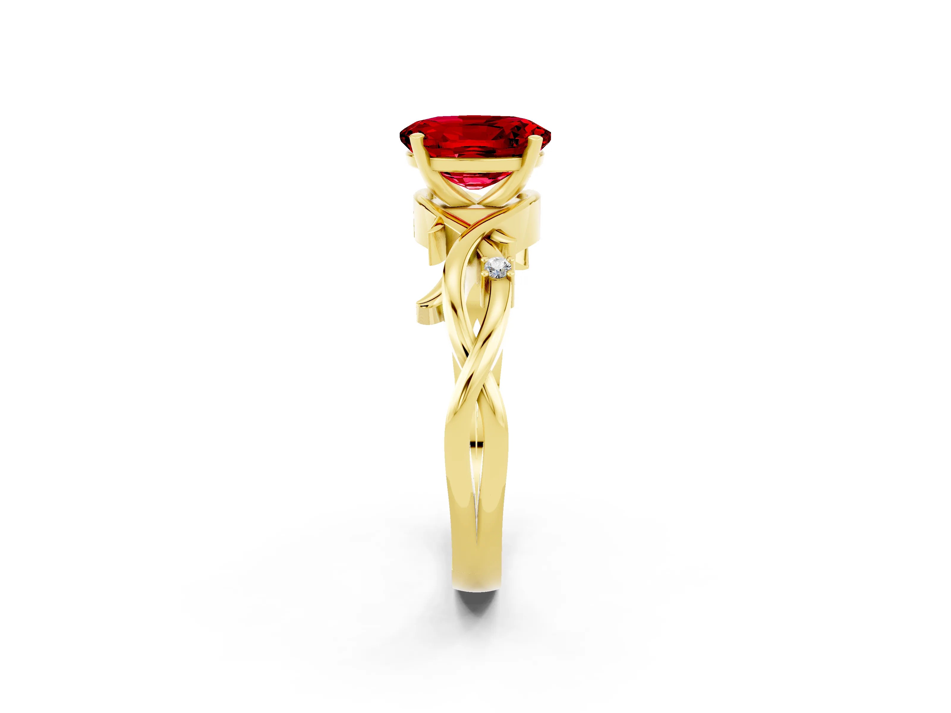 Yellow gold Oval Cut Ruby Solitaire Ring with Twisted Band and Prong Setting_2