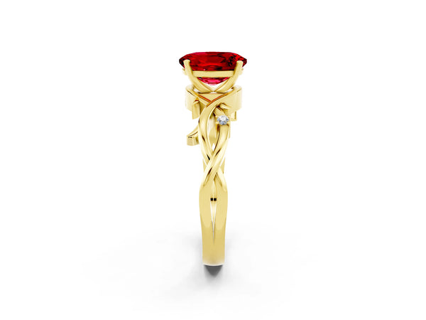 Yellow gold Oval Cut Ruby Solitaire Ring with Twisted Band and Prong Setting