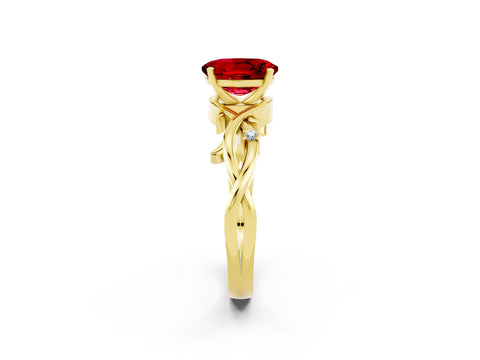 Yellow gold Oval Cut Ruby Solitaire Ring with Twisted Band and Prong Setting_2