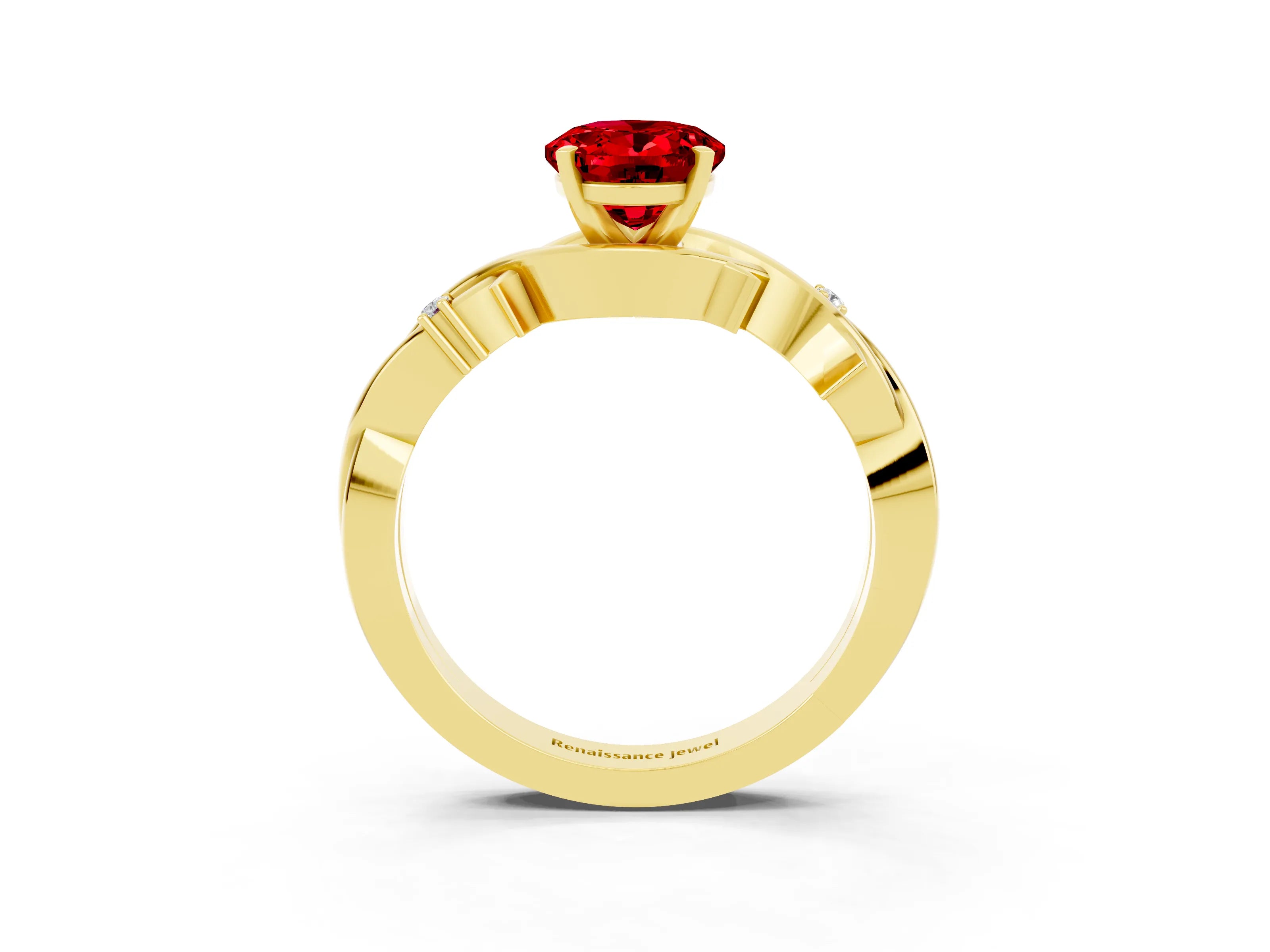 Yellow gold Oval Cut Ruby Solitaire Ring with Twisted Band and Prong Setting_3