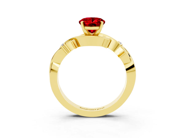 Yellow gold Oval Cut Ruby Solitaire Ring with Twisted Band and Prong Setting