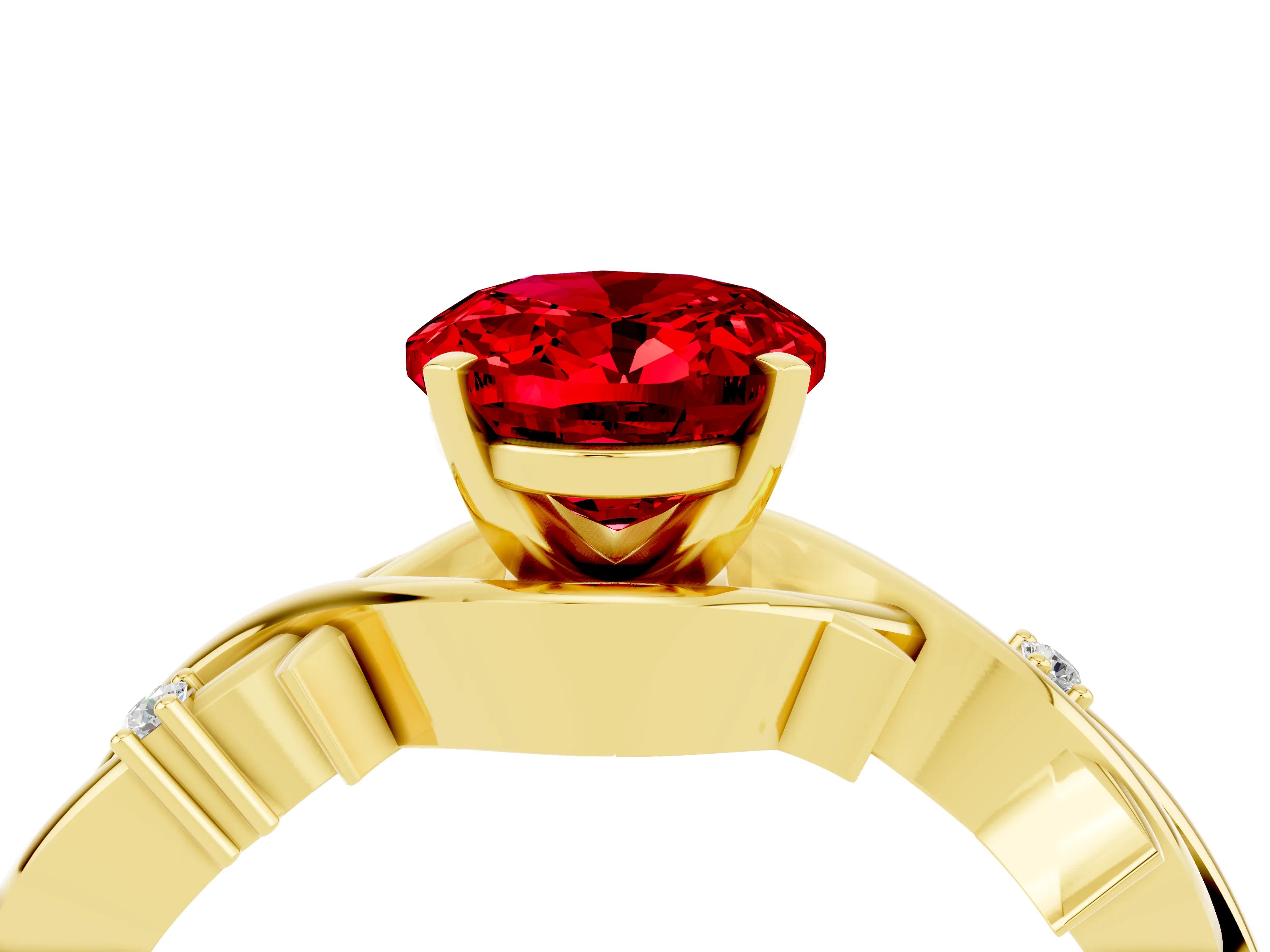 Yellow gold Oval Cut Ruby Solitaire Ring with Twisted Band and Prong Setting_4