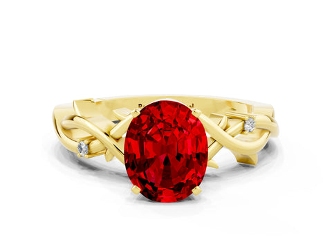 Yellow gold Oval Cut Ruby Solitaire Ring with Twisted Band and Prong Setting