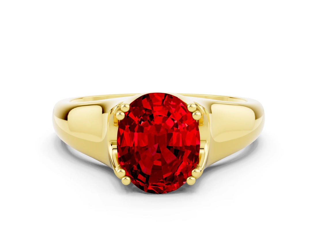 Yellow gold Oval Cut Ruby Solitaire Ring with Wide Band and Prong Setting