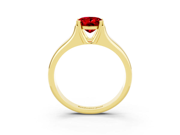 Yellow gold Oval Cut Ruby Solitaire Ring with Wide Band and Prong Setting