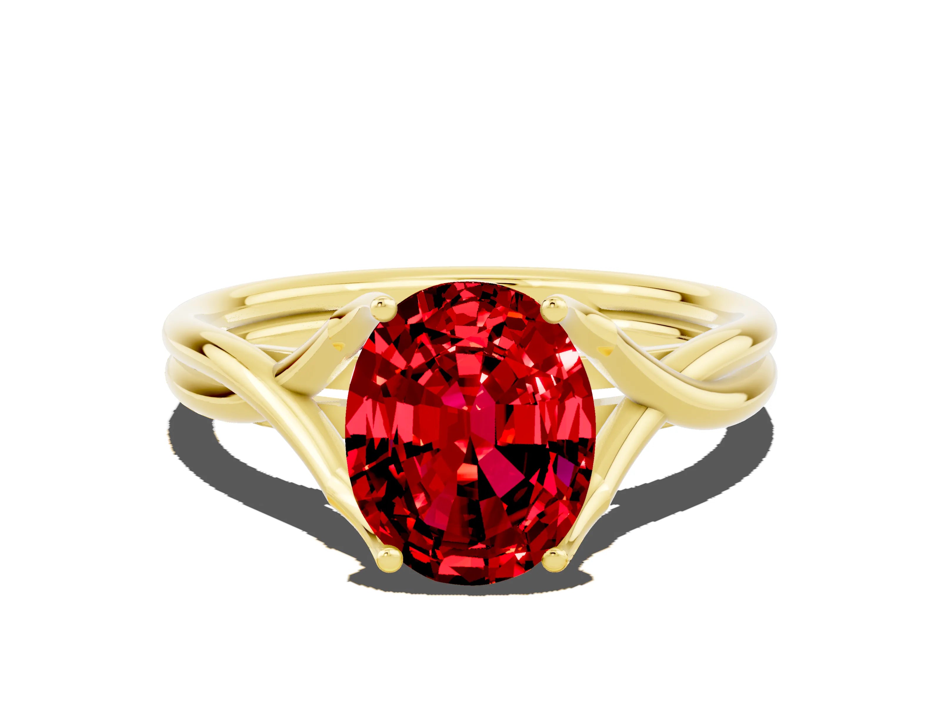 Yellow gold Oval Cut Ruby Solitaire Twist Band Prong Setting Ring_36