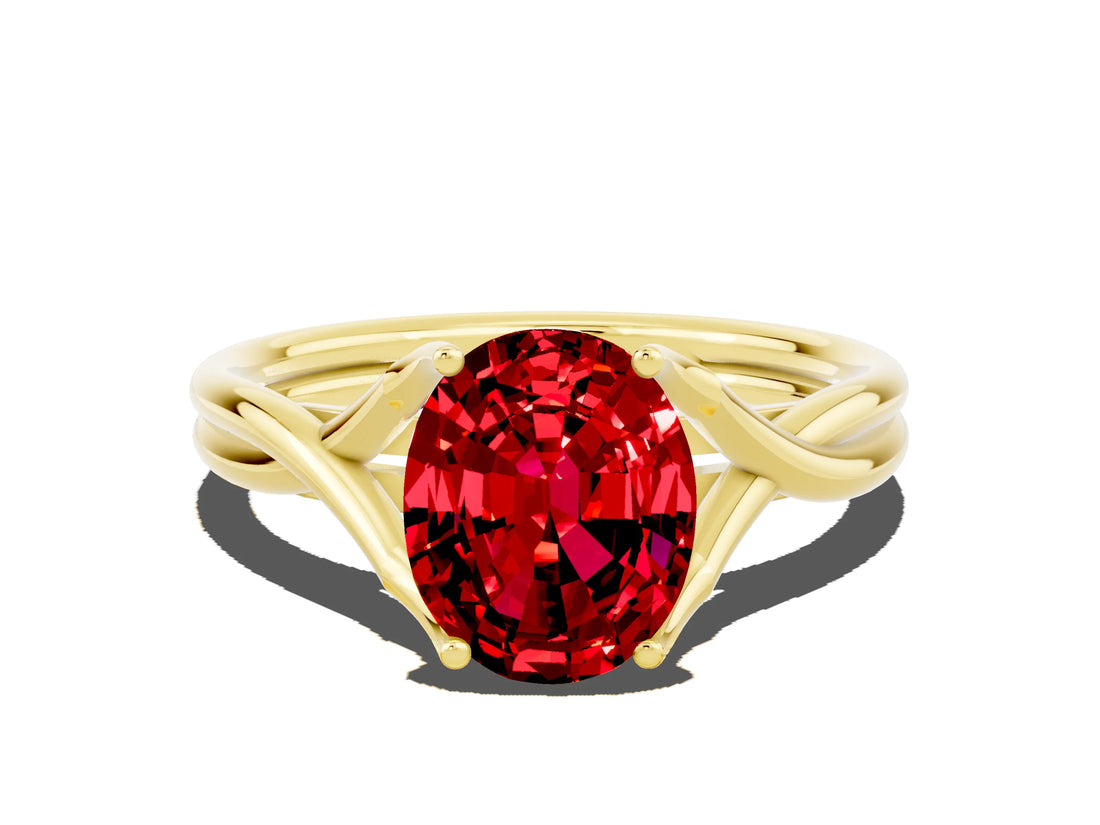 Yellow gold Oval Cut Ruby Solitaire Twist Band Prong Setting Ring_36