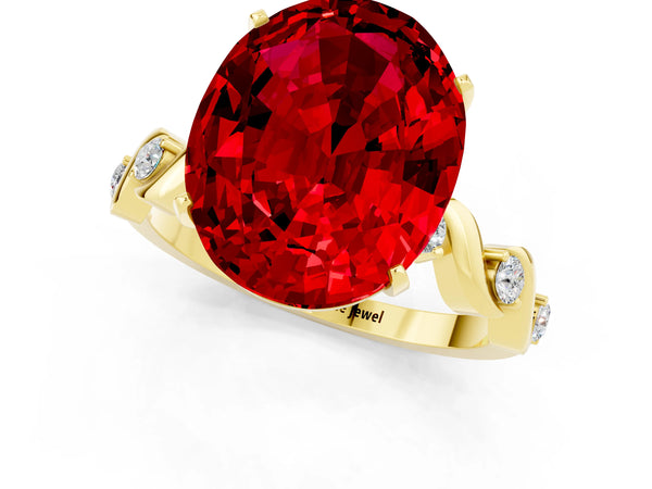 Yellow gold Oval Cut Ruby Solitaire Twisted Band with Round  Accents and Prong Setting