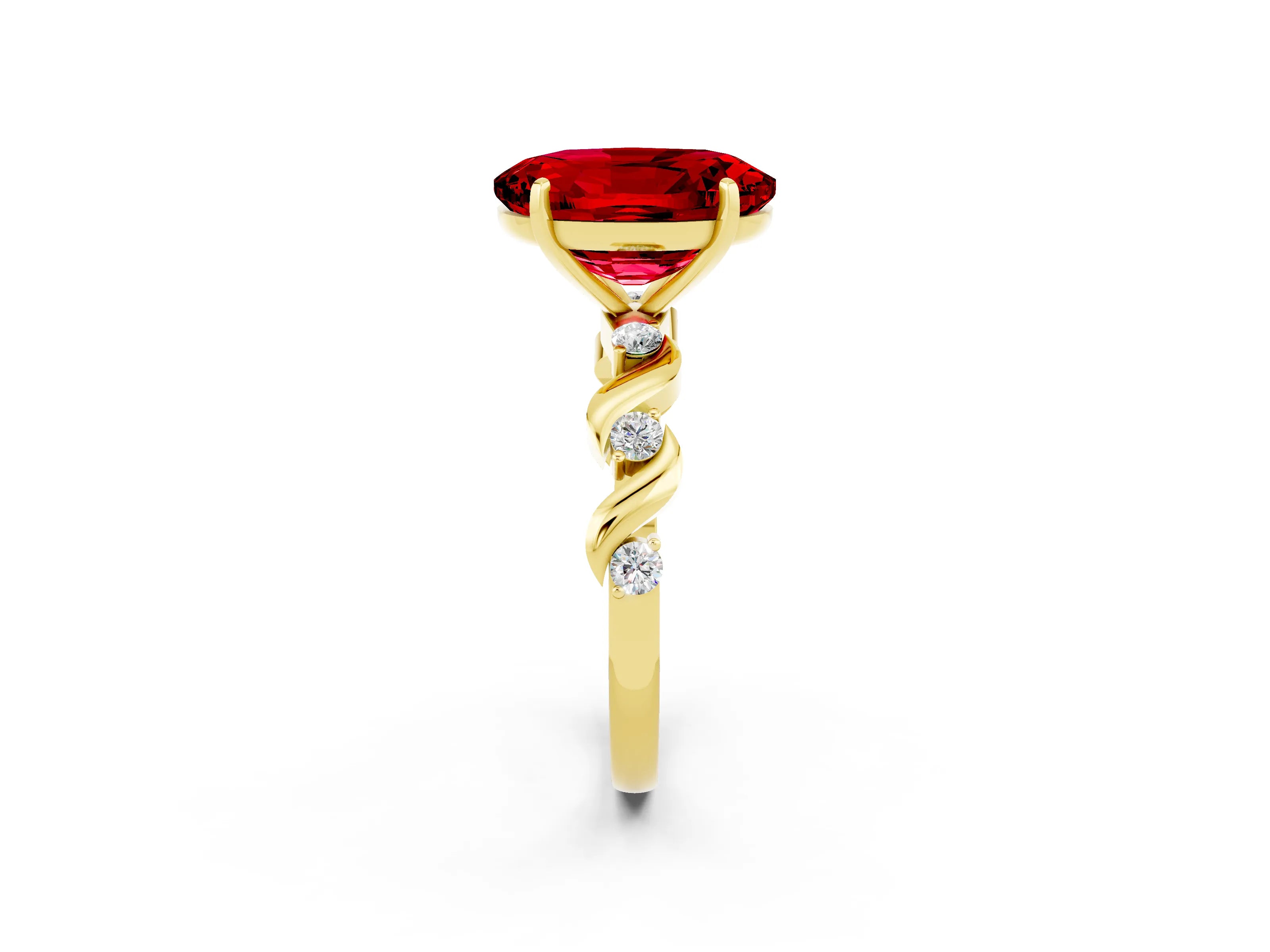 Yellow gold Oval Cut Ruby Solitaire Twisted Band with Round  Accents and Prong Setting_14