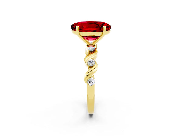 Yellow gold Oval Cut Ruby Solitaire Twisted Band with Round  Accents and Prong Setting