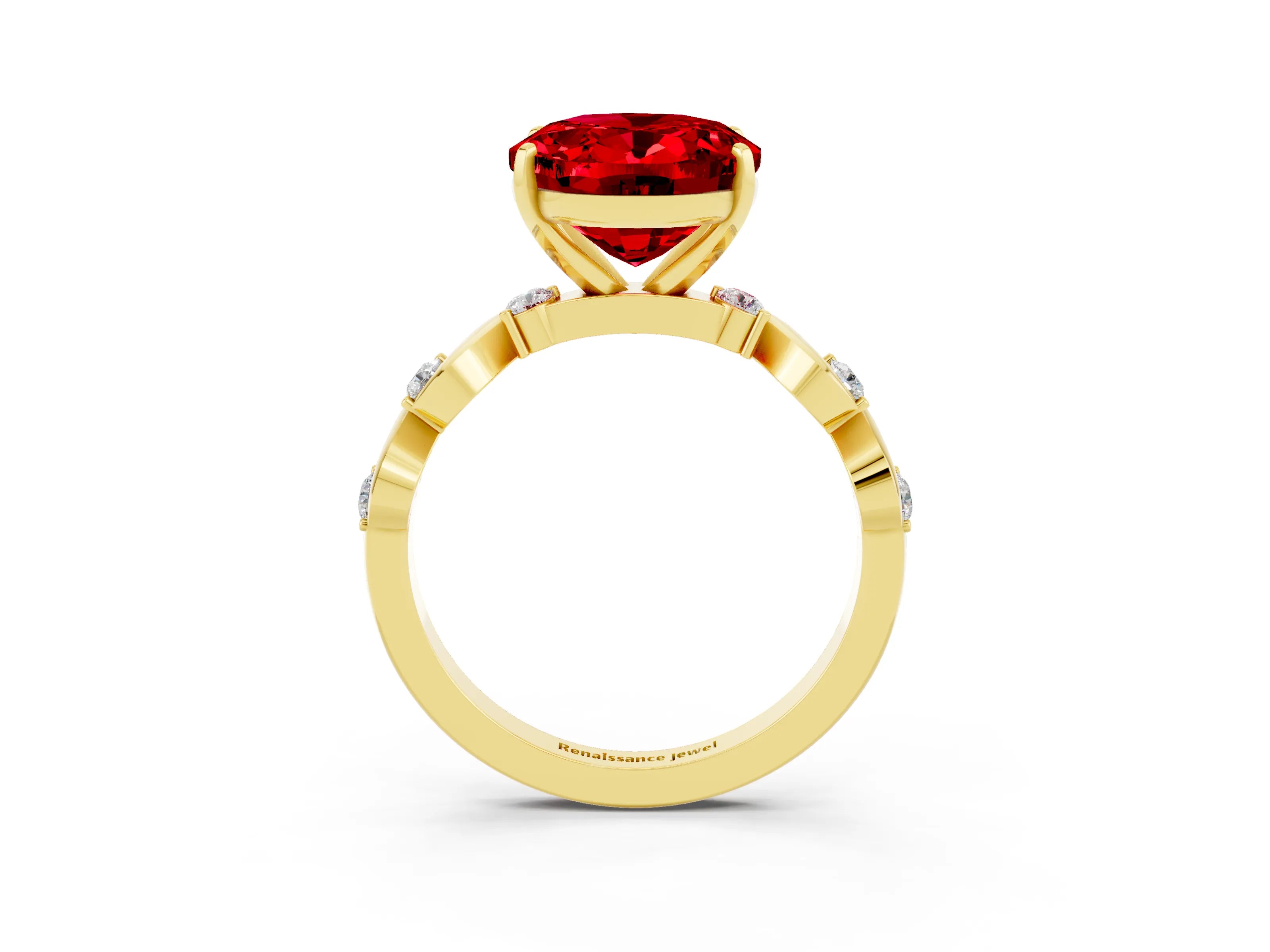 Yellow gold Oval Cut Ruby Solitaire Twisted Band with Round  Accents and Prong Setting_15