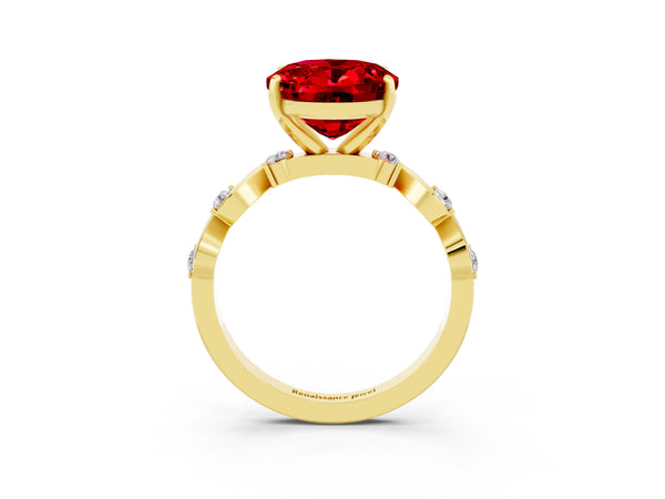 Yellow gold Oval Cut Ruby Solitaire Twisted Band with Round  Accents and Prong Setting