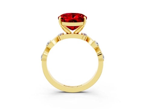 Yellow gold Oval Cut Ruby Solitaire Twisted Band with Round  Accents and Prong Setting_15