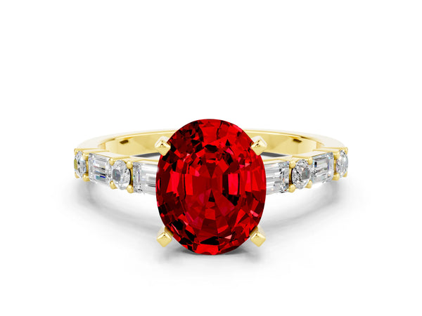 Yellow gold Oval Cut Ruby Solitaire with Side Baguettes and Channel Set Band