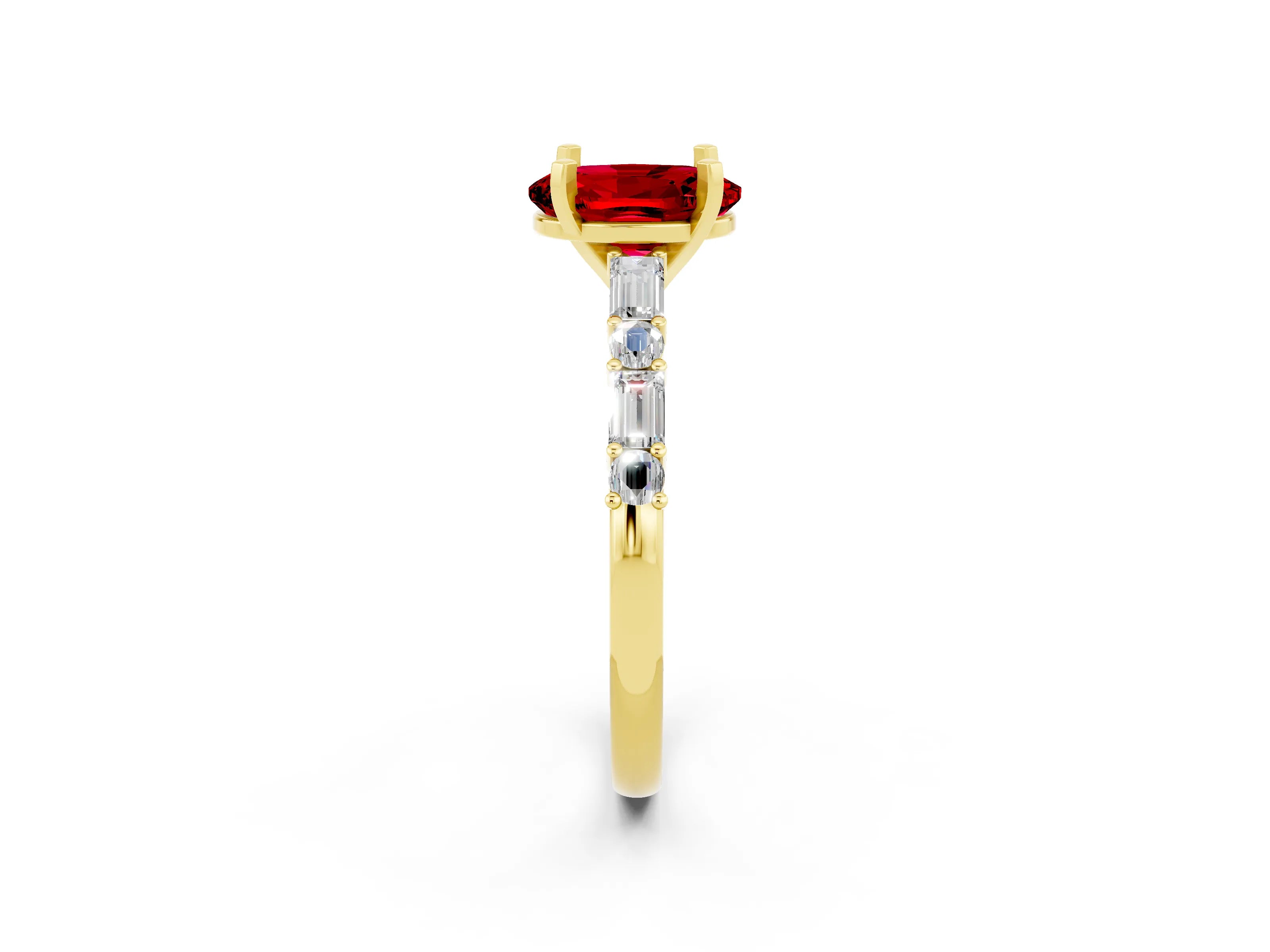 Yellow gold Oval Cut Ruby Solitaire with Side Baguettes and Channel Set Band_2