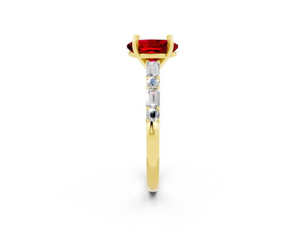 Yellow gold Oval Cut Ruby Solitaire with Side Baguettes and Channel Set Band