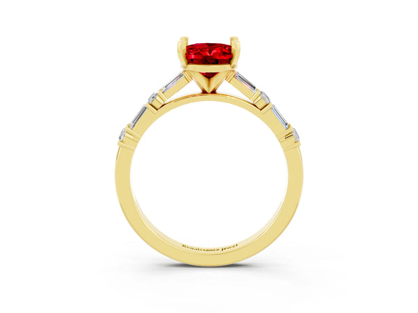 Yellow gold Oval Cut Ruby Solitaire with Side Baguettes and Channel Set Band