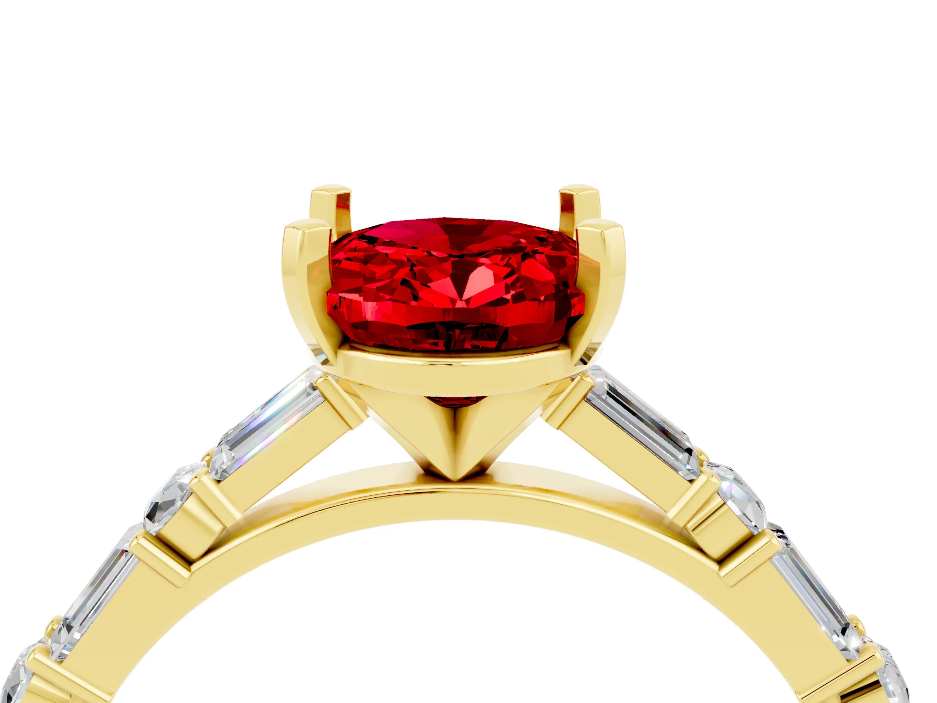 Yellow gold Oval Cut Ruby Solitaire with Side Baguettes and Channel Set Band_4