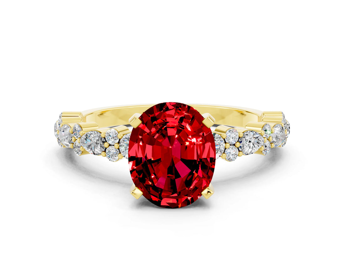 Yellow gold Oval Cut Ruby Solitaire with Side Stones, Pave Band, Four-Prong Setting_24