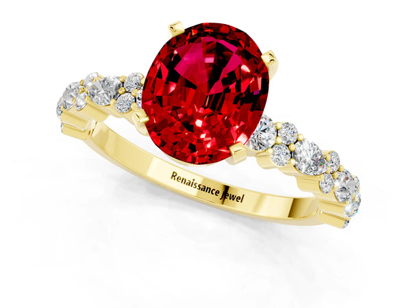 Yellow gold Oval Cut Ruby Side Stone Solitaire Ring with Round  and Four-Prong Setting