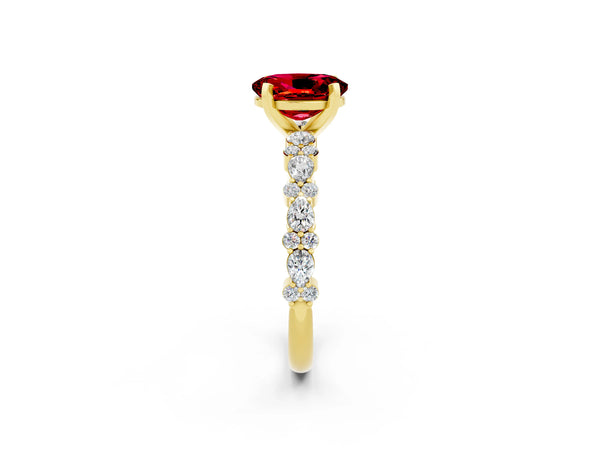 Yellow gold Oval Cut Ruby Side Stone Solitaire Ring with Round  and Four-Prong Setting