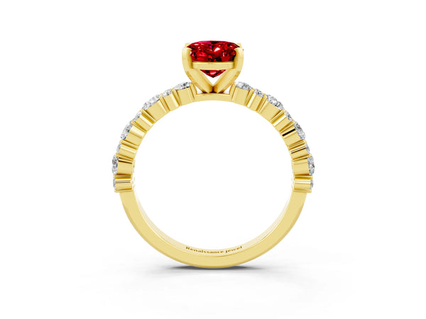Yellow gold Oval Cut Ruby Side Stone Solitaire Ring with Round  and Four-Prong Setting