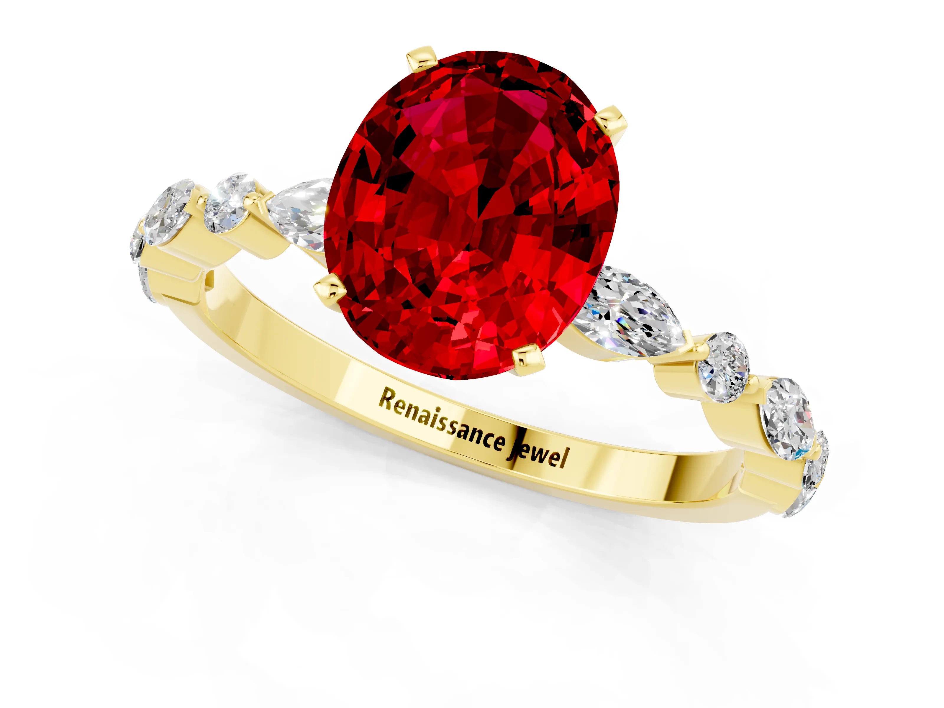 Yellow gold Oval Cut Ruby Solitaire with Side Stones on a Pavé Band and Four-Prong Setting_1
