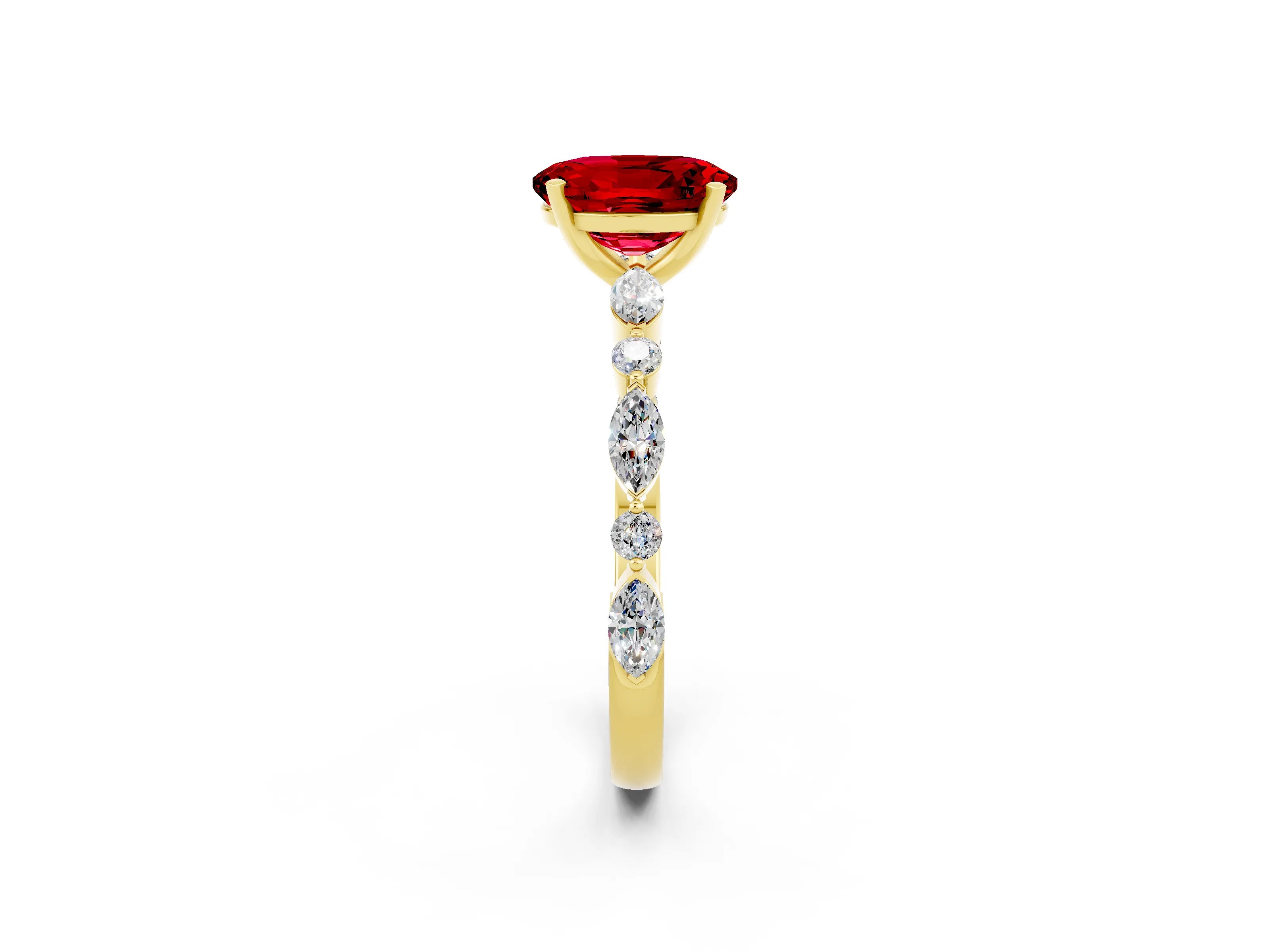 Yellow gold Oval Cut Ruby Solitaire with Side Stones on a Pavé Band and Four-Prong Setting_2