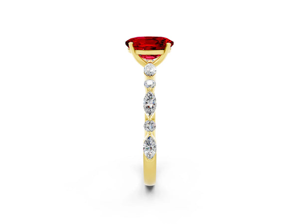 Yellow gold Oval Cut Ruby Ring with Marquise and Round  Side Stones and Four-Prong Setting