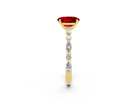 Yellow gold Oval Cut Ruby Solitaire with Side Stones on a Pavé Band and Four-Prong Setting_2
