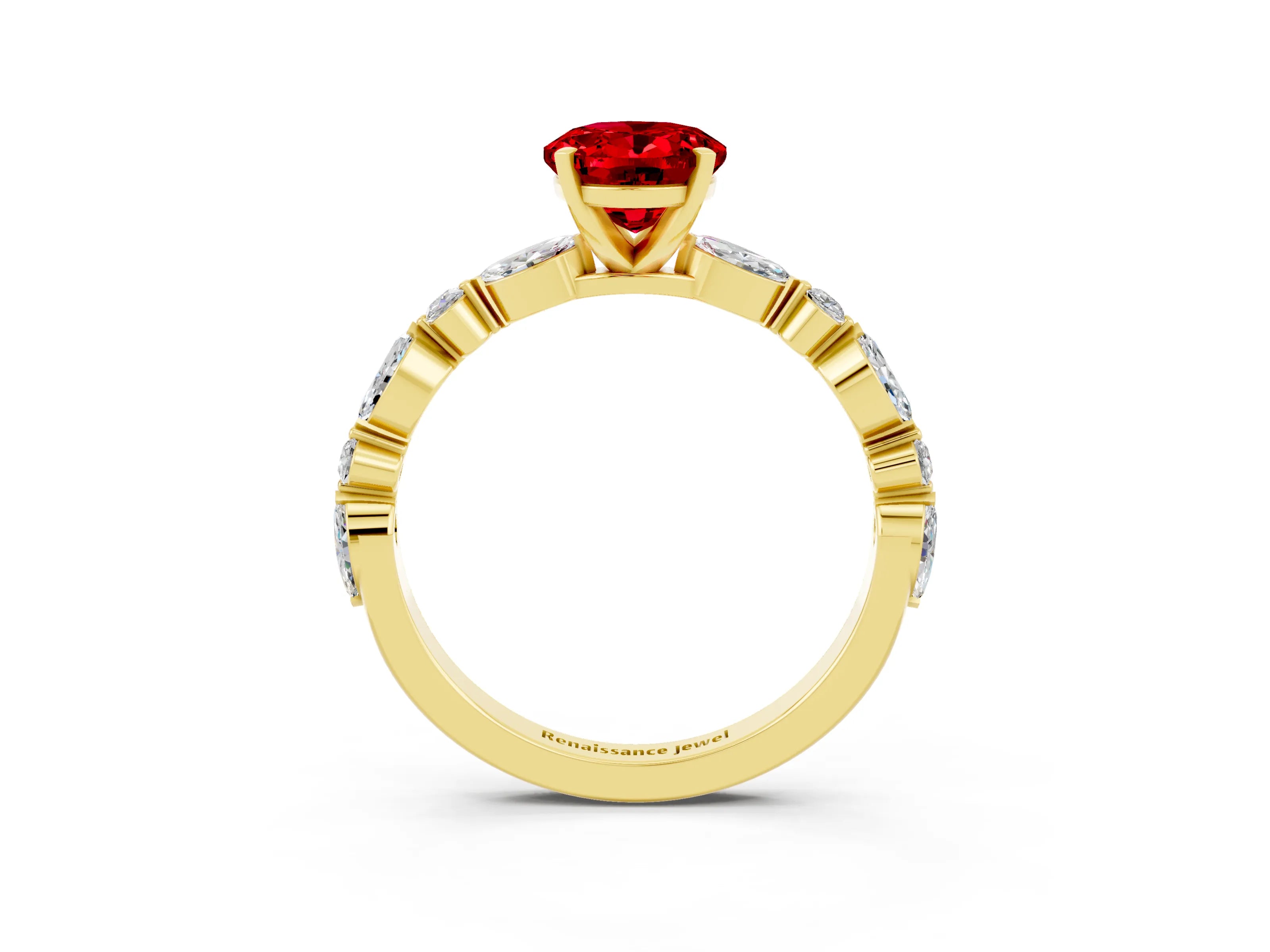 Yellow gold Oval Cut Ruby Solitaire with Side Stones on a Pavé Band and Four-Prong Setting_3
