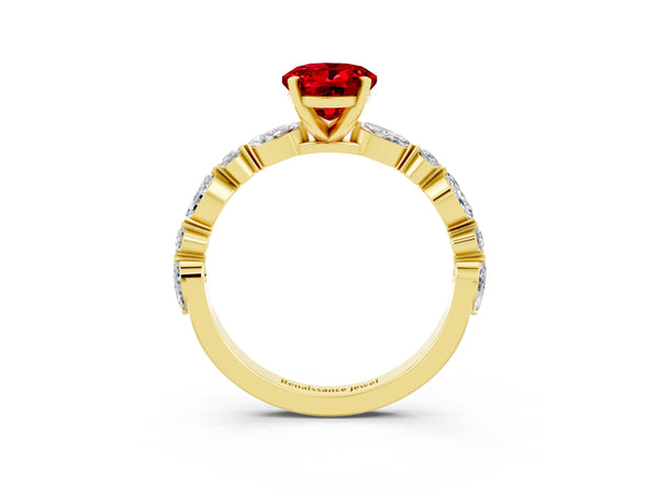 Yellow gold Oval Cut Ruby Ring with Marquise and Round  Side Stones and Four-Prong Setting