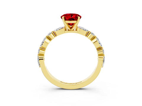 Yellow gold Oval Cut Ruby Solitaire with Side Stones on a Pavé Band and Four-Prong Setting_3