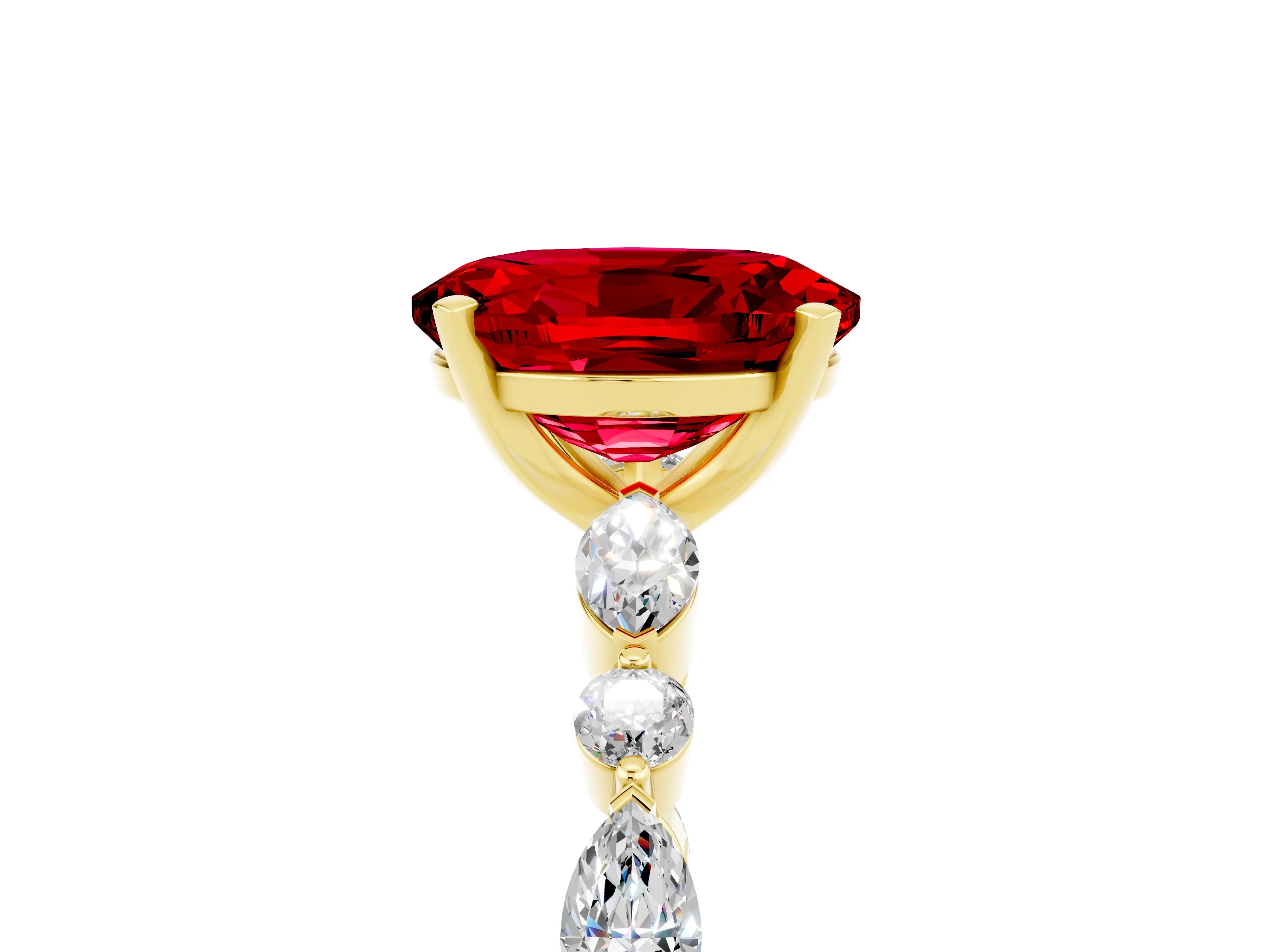 Yellow gold Oval Cut Ruby Solitaire with Side Stones on a Pavé Band and Four-Prong Setting_5