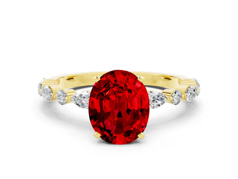 Yellow gold Oval Cut Ruby Solitaire with Side Stones on a Pavé Band and Four-Prong Setting
