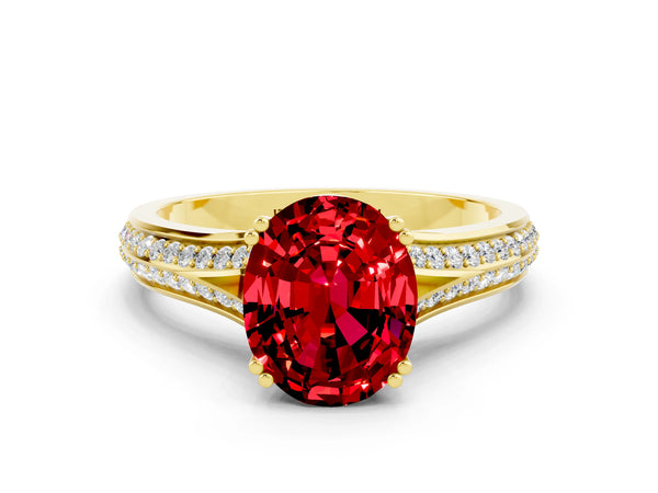 Yellow gold Oval Cut Ruby Split Shank Engagement Ring with Pavé Band