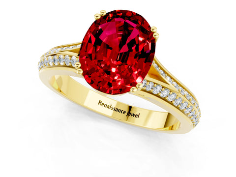 Yellow gold Oval Cut Ruby Split Shank Engagement Ring with Pavé Band_1