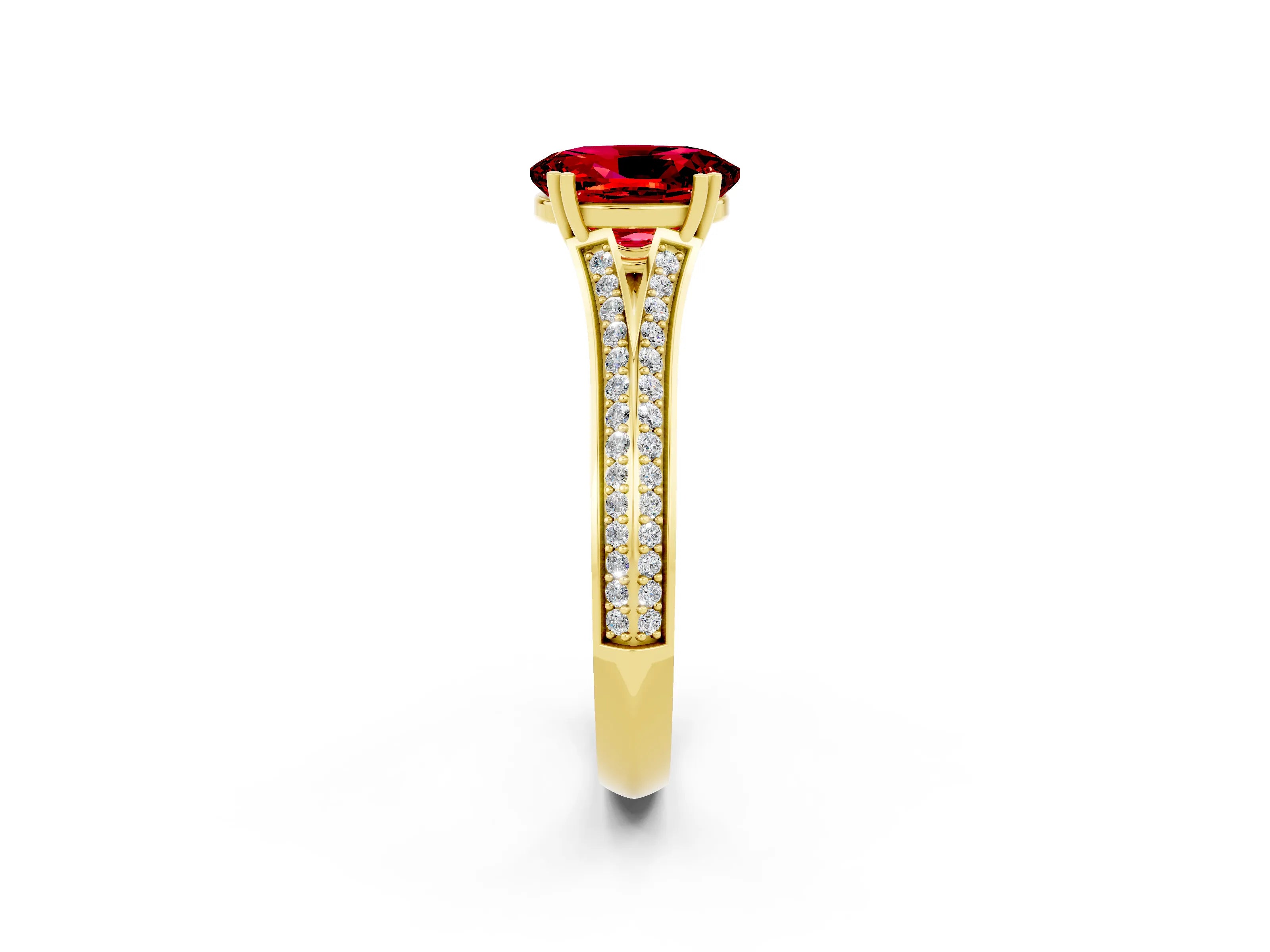 Yellow gold Oval Cut Ruby Split Shank Engagement Ring with Pavé Band_2