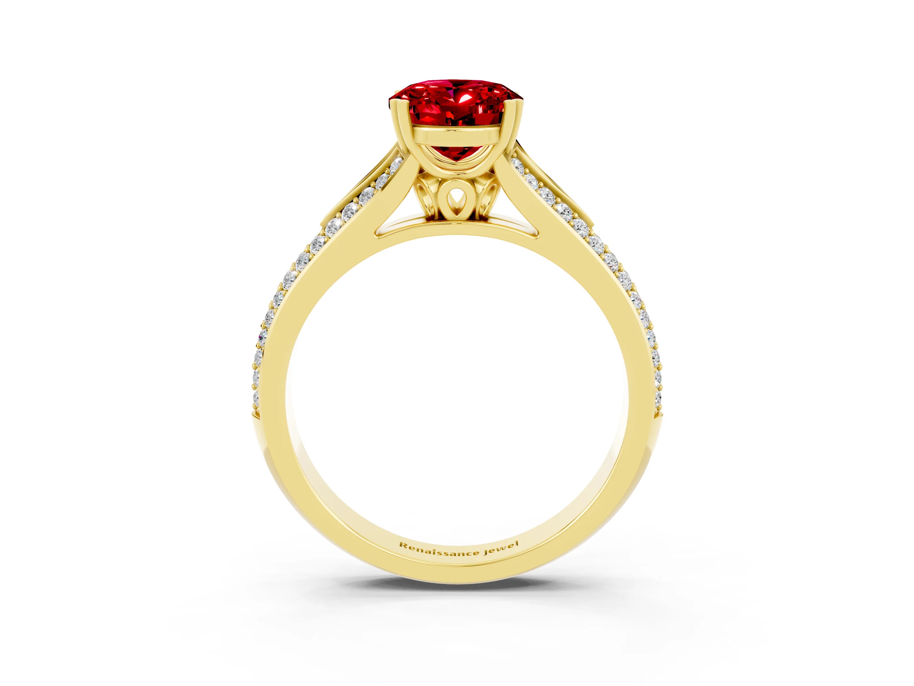 Yellow gold Oval Cut Ruby Split Shank Engagement Ring with Pavé Band_3