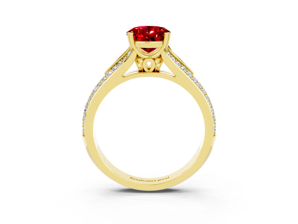 Yellow gold Oval Cut Ruby Split Shank Engagement Ring with Pavé Band