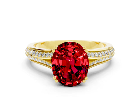 Yellow gold Oval Cut Ruby Split Shank Engagement Ring with Pavé Band