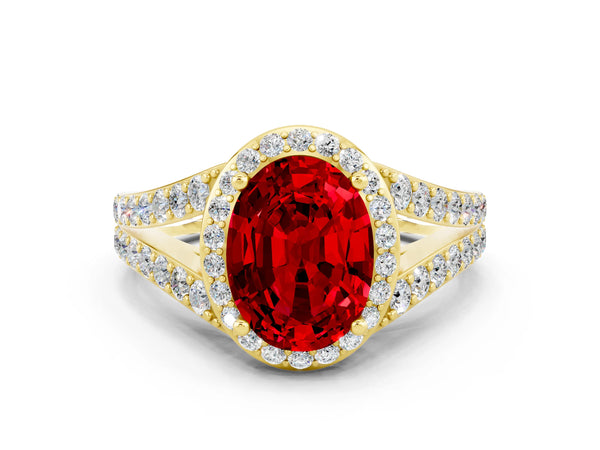 Yellow gold Oval Cut Ruby Split Shank Halo Ring with Four-Prong Setting