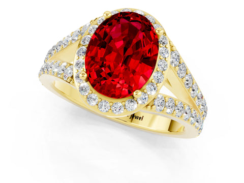 Yellow gold Oval Cut Ruby Split Shank Halo Ring with Four-Prong Setting_13