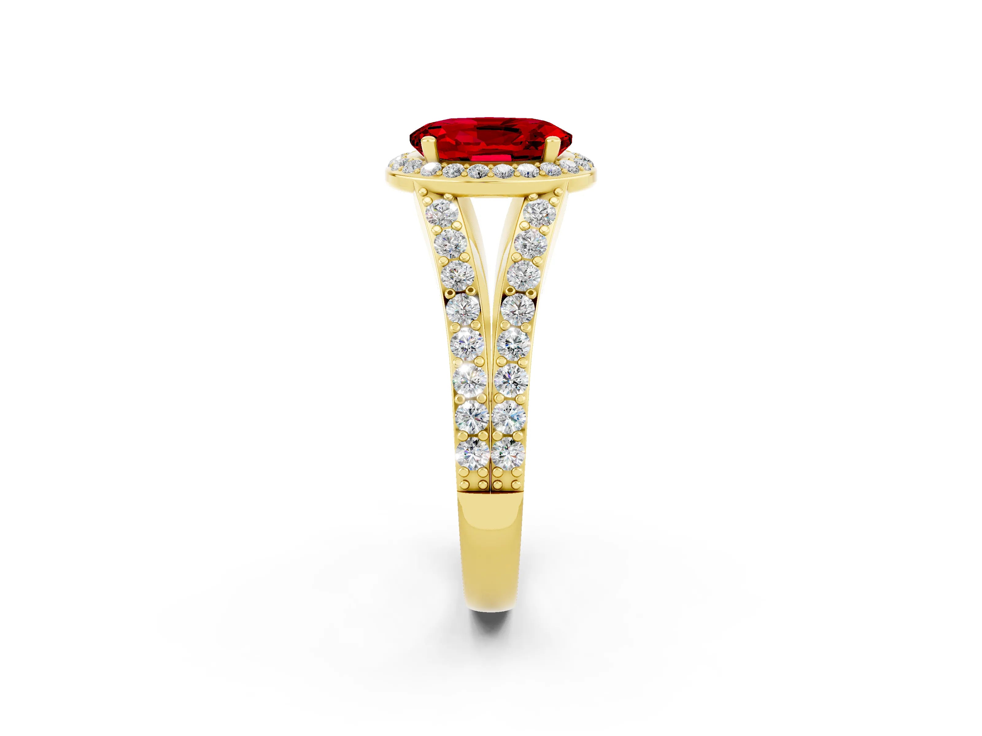 Yellow gold Oval Cut Ruby Split Shank Halo Ring with Four-Prong Setting_14