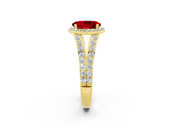 Yellow gold Oval Cut Ruby Split Shank Halo Ring with Four-Prong Setting