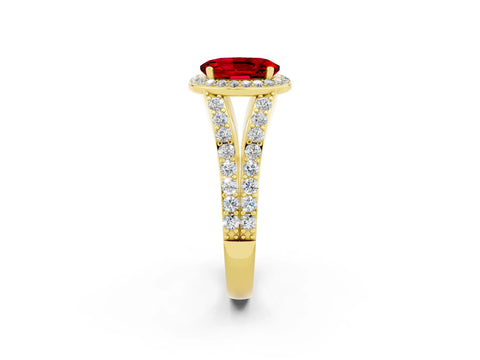 Yellow gold Oval Cut Ruby Split Shank Halo Ring with Four-Prong Setting_14
