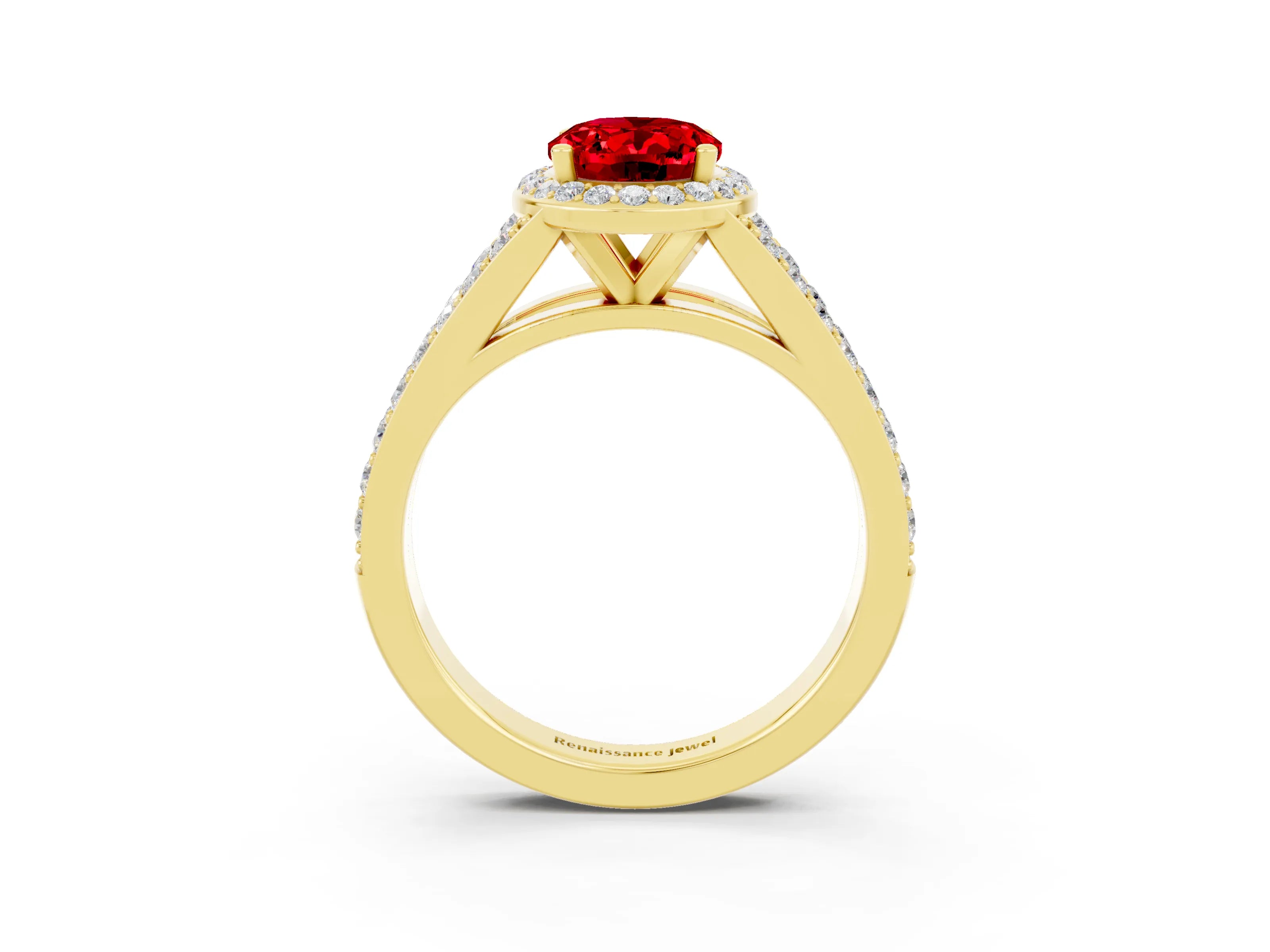 Yellow gold Oval Cut Ruby Split Shank Halo Ring with Four-Prong Setting_15
