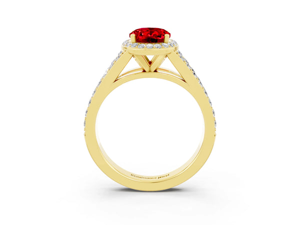 Yellow gold Oval Cut Ruby Split Shank Halo Ring with Four-Prong Setting